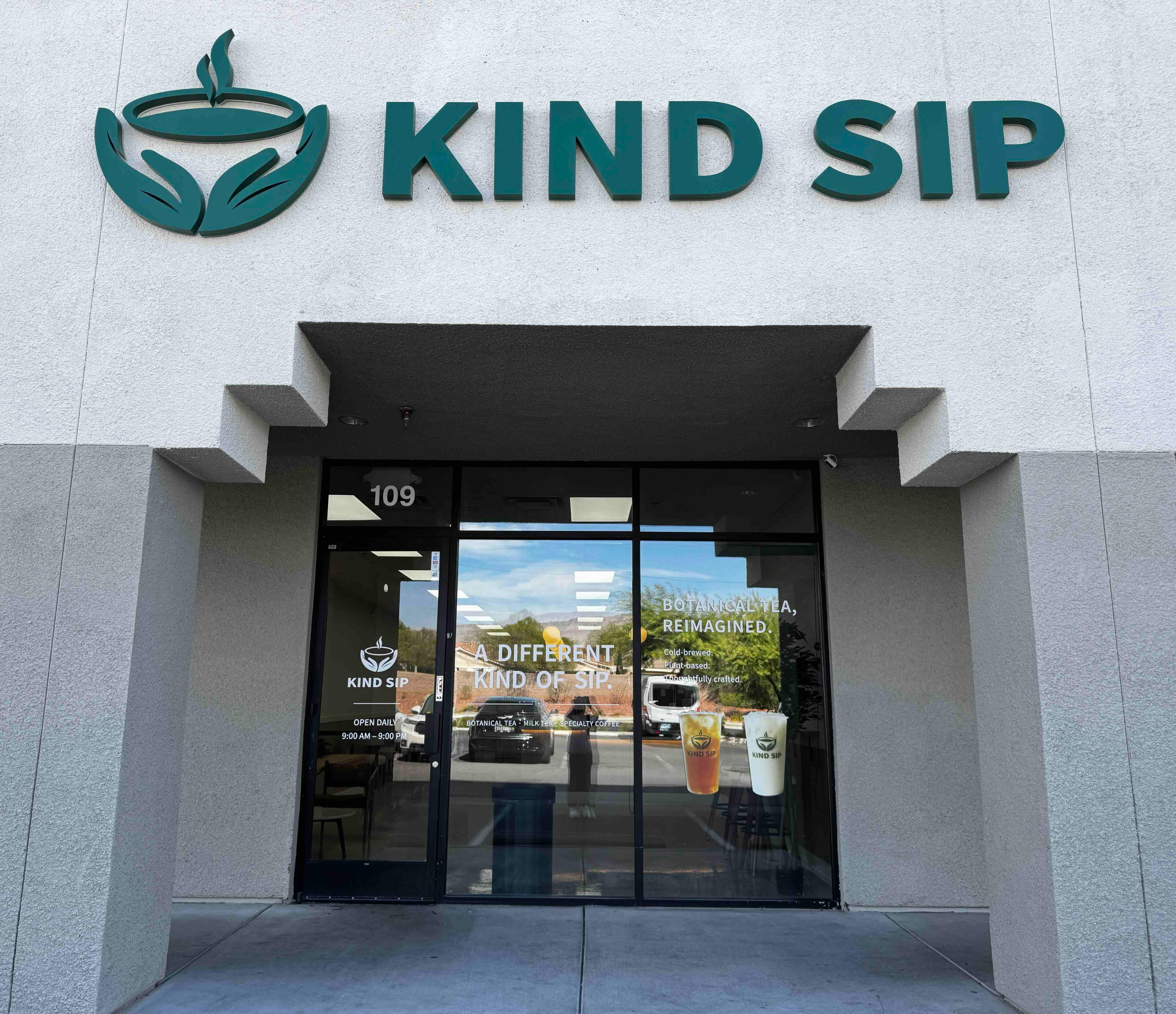 Kind Sip café storefront and entrance in Las Vegas during the day