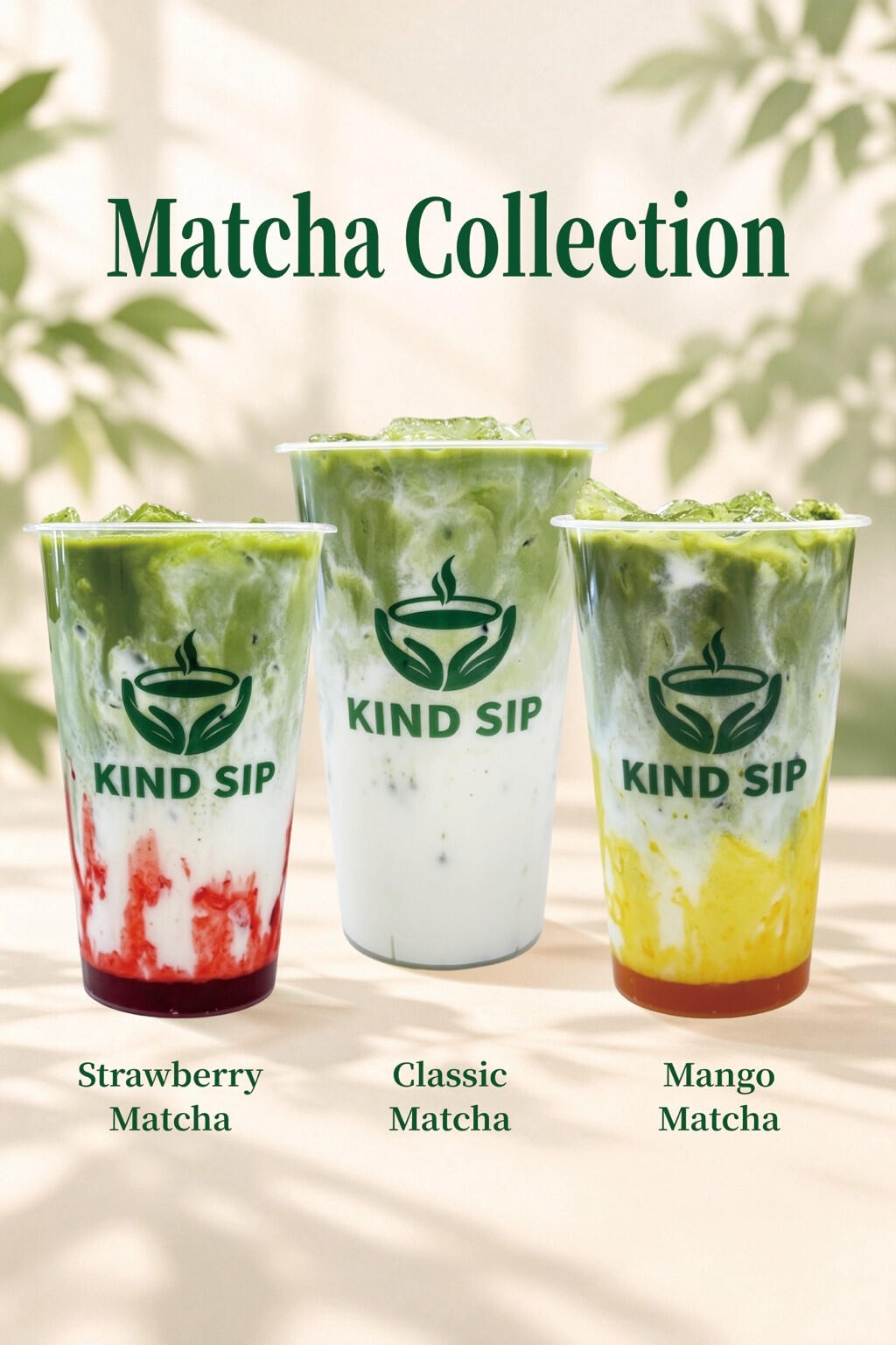 Kind Sip Matcha Collection featuring Strawberry Matcha, Classic Matcha, and Mango Matcha.